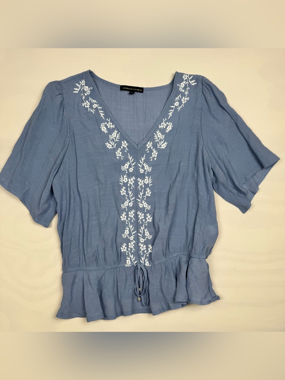 Adrienne Vittadini Embroidered V-Neck Short Sleeve Blouse Blue Women’s XL